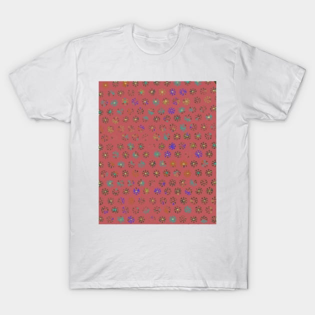 Tribal Sun Print, faded, distressed red ethnic pattern, uneven blotchy T-Shirt by djrunnels